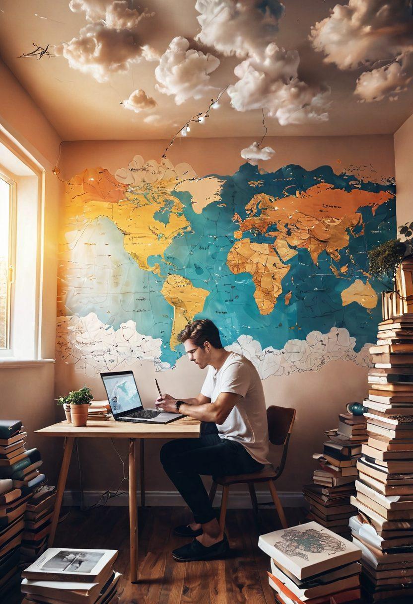 A person sitting at a cozy workspace, surrounded by books and a laptop, writing passionately. The background shows an evolving world map filled with connections symbolizing influence. Dreamy clouds above represent personal reflections transforming into global ideas. Soft, inviting colors to create a warm atmosphere. vibrant colors. cozy aesthetic.