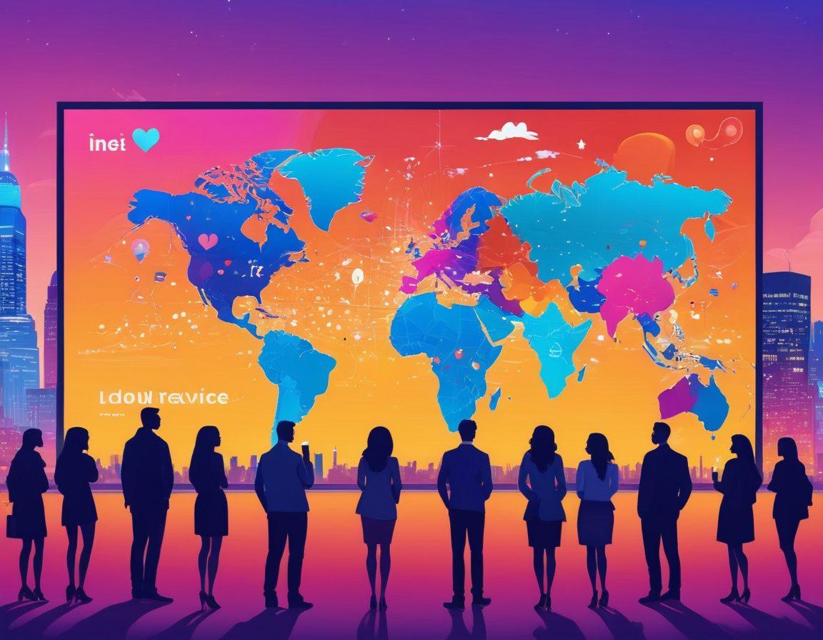 A vibrant illustration of a diverse group of people gathered around a large blog post displayed on a digital screen, engaging with it eagerly. Each person represents different backgrounds, symbolizing global connection and community. The atmosphere is warm and inviting, filled with elements that symbolize communication like speech bubbles and hearts. A city skyline in the background to represent impact. bright colors. digital art. modern style.