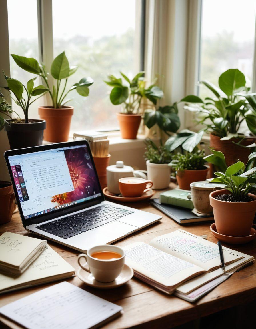 A cozy, inviting workspace featuring a laptop open to a colorful digital diary interface, surrounded by a steaming cup of tea and scattered notebooks. Natural light filters through a window adorned with houseplants, creating a warm atmosphere. Soft, handwritten notes and quotes about self-expression float around the scene, symbolizing the blogging community. The overall vibe is uplifting and creative. super-realistic. warm tones. soft focus.